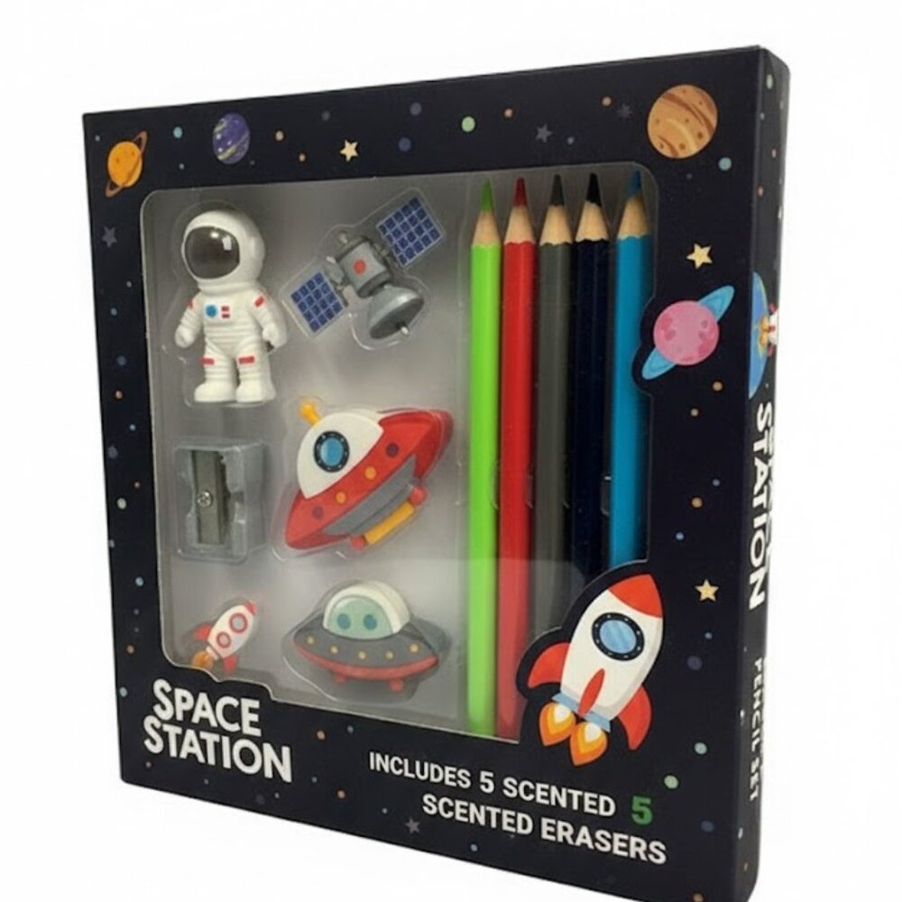 SPACE STATION Scented Eraser & Pencil Set – 12 Pc